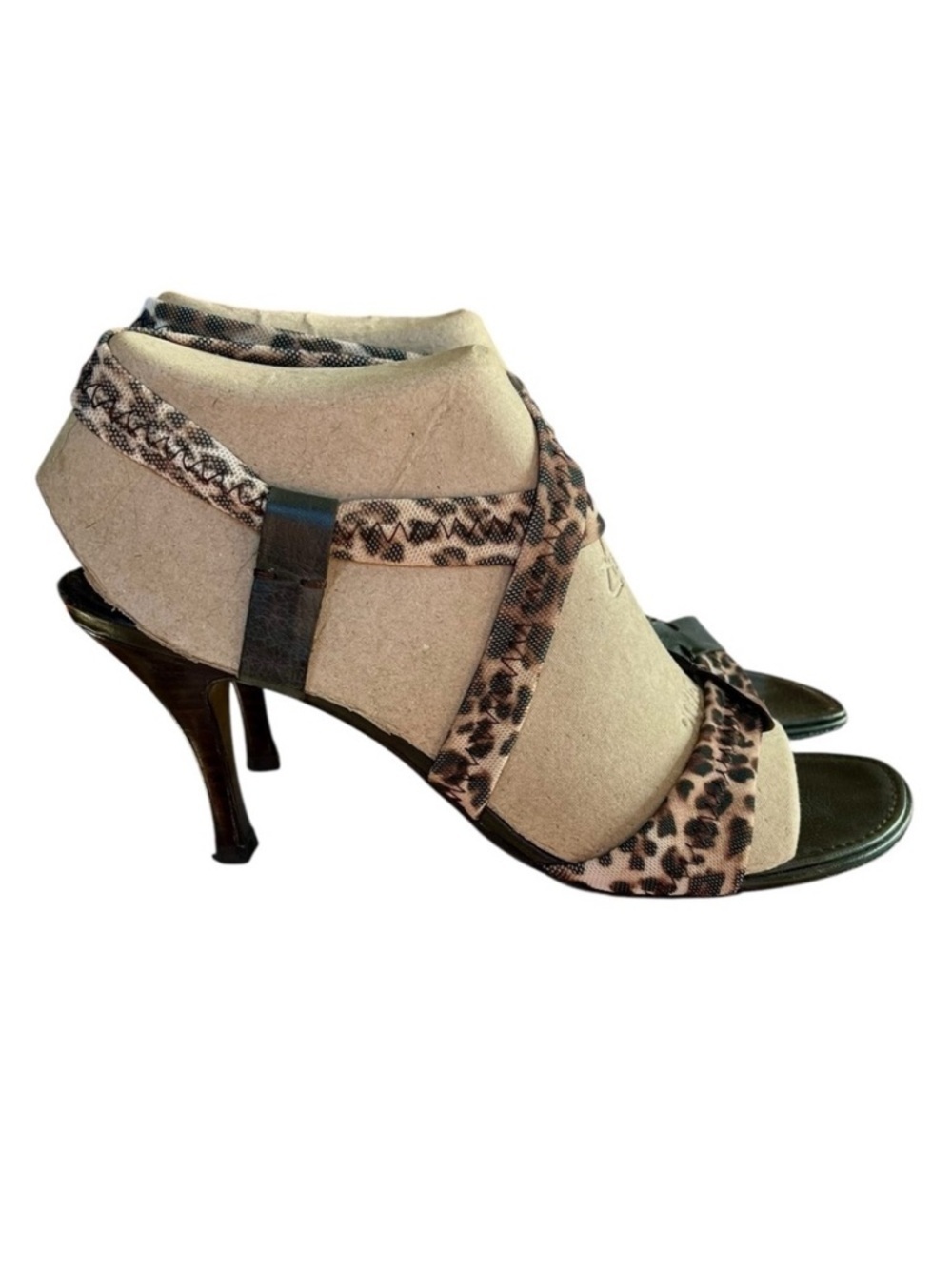 Donald Pliner 9 Black Leather Stretch Leopard Print Stiletto Open Toe High Heels